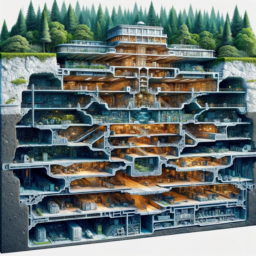 DALL·E 2024-03-18 20.57.00 - An intricate cross-section of a secret underground compound, meticulously designed with various levels and sections. The compound is hidden beneath an.webp